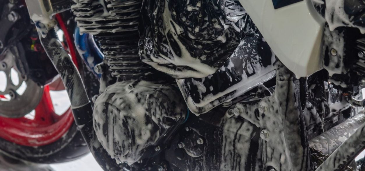 Motorcycle engine with suds on it